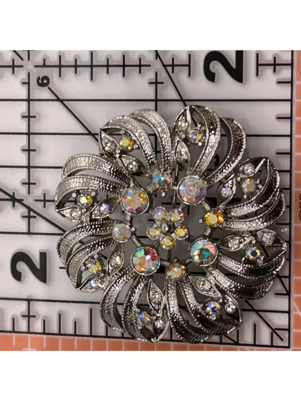 Vintage Aurora Borealis Brooch Rhinestone Silver-tone Pin Floral Starburst